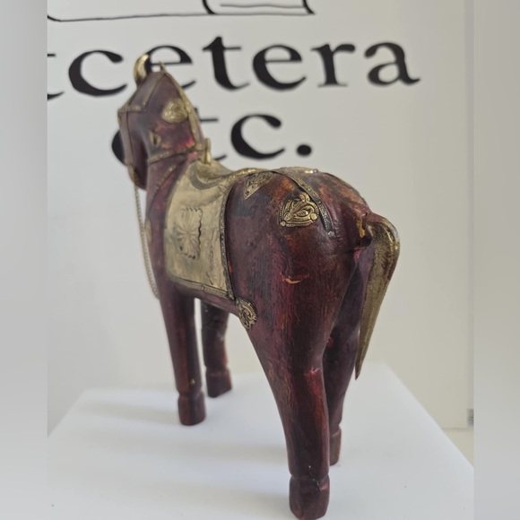 Hand Carved Wooden Horse Brass & Copper Accents Statue Figurines Set Of 2 - Picture 6 of 10